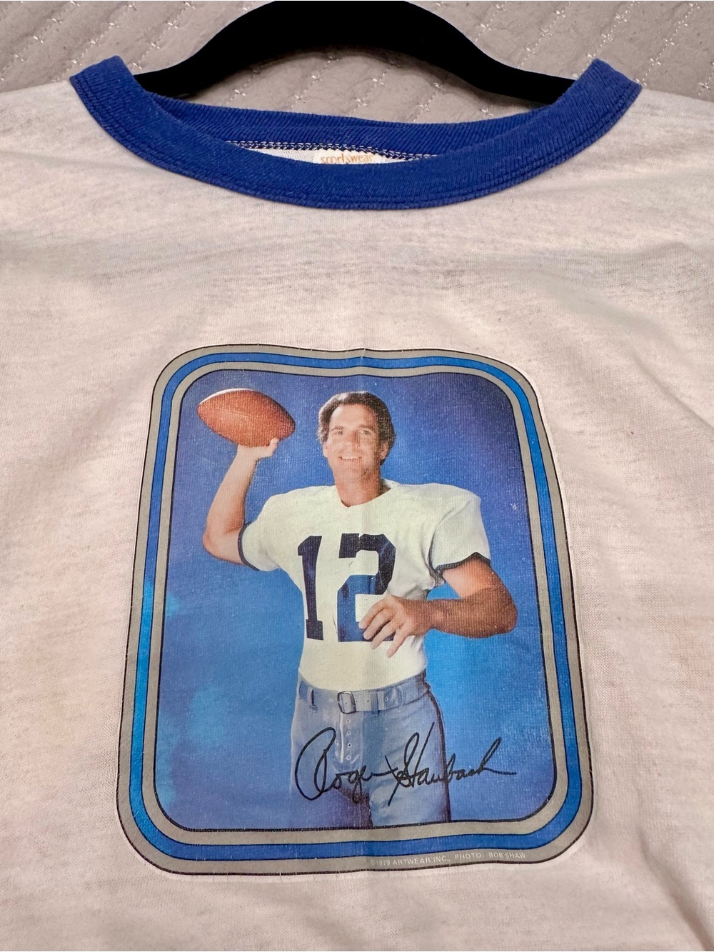 Vintage Roger Staubach White Graphic Football Tee with Blue Trim 80’s tee